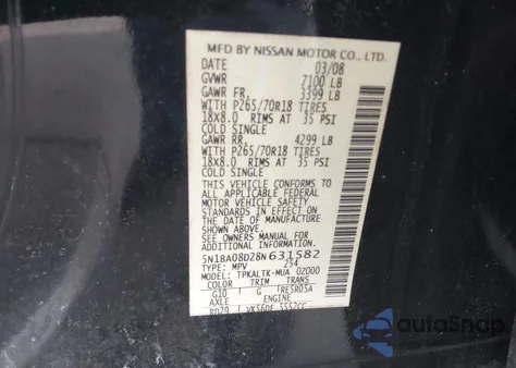 2008 Nissan Armada Se z USA, uszkodzony, nr VIN 5N1BA08D28N631582